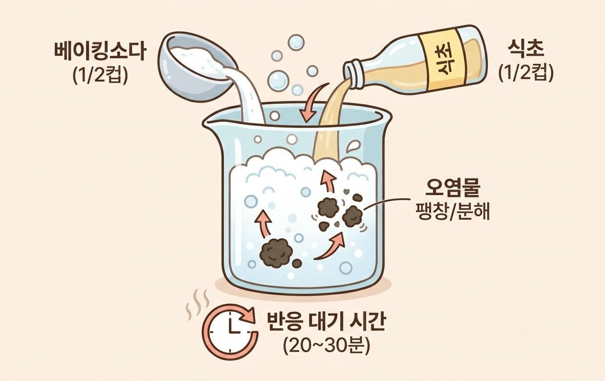 [삽화] 베이킹소다와 식초로 오염물 제거하기. AI 제작.