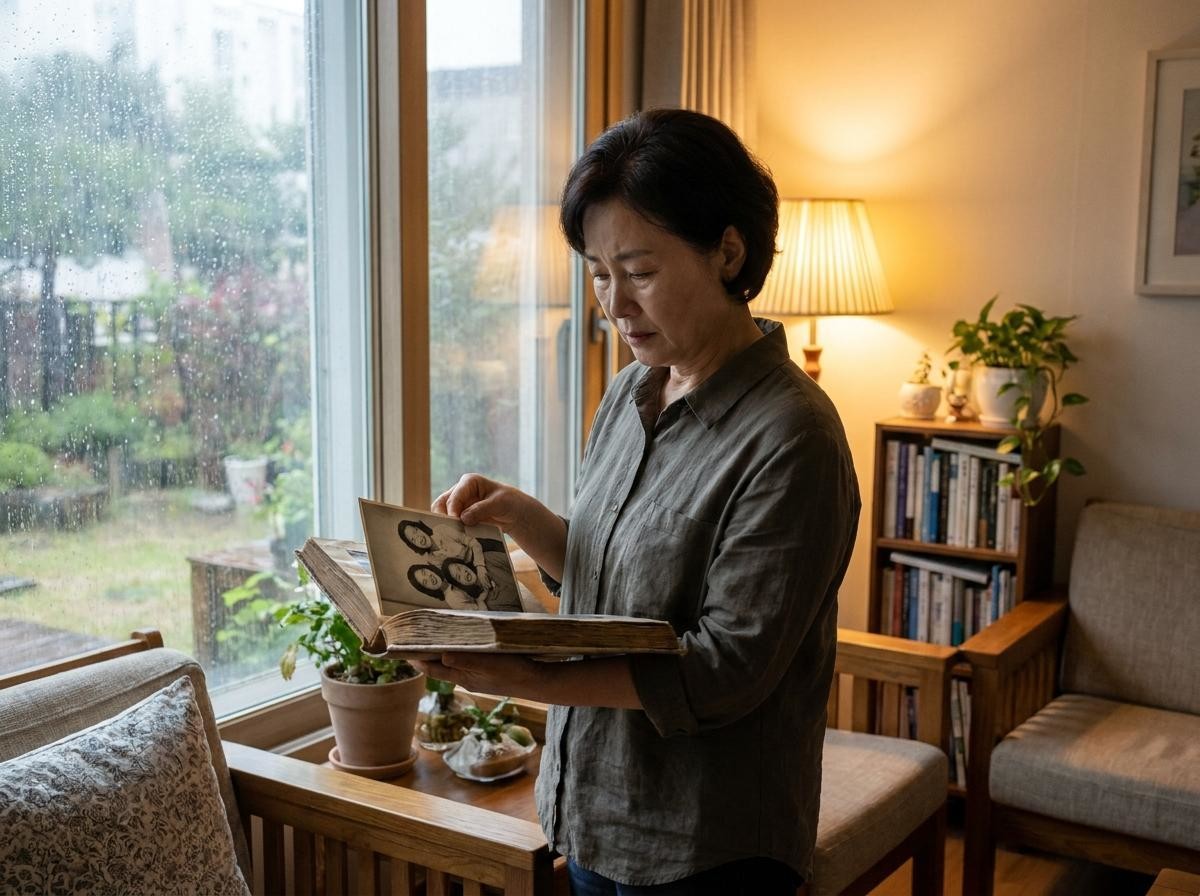 예전 사진들을 들춰보는 모습. 기사 내용 토대로 AI툴 활용해 제작한 자료사진.