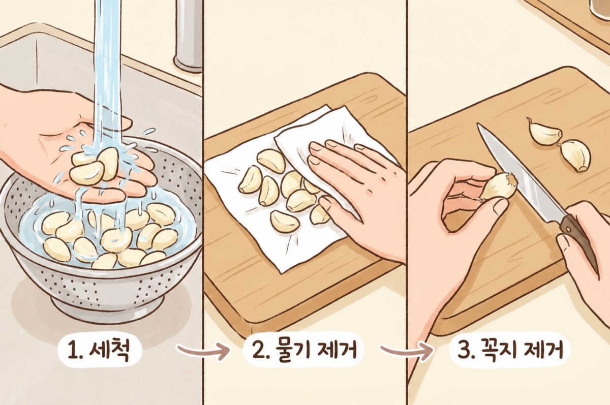[삽화] 씻은 마늘은 물기를 제거한 뒤 꼭지 부분을 다듬는다. AI 제작.