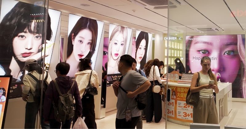 K pop에서 영감을 받은 뷰티 제품을 선보이는 Storefront가 활기찬 도시 지역에서 쇼핑객을 끌어들인다 / 셔터스톡