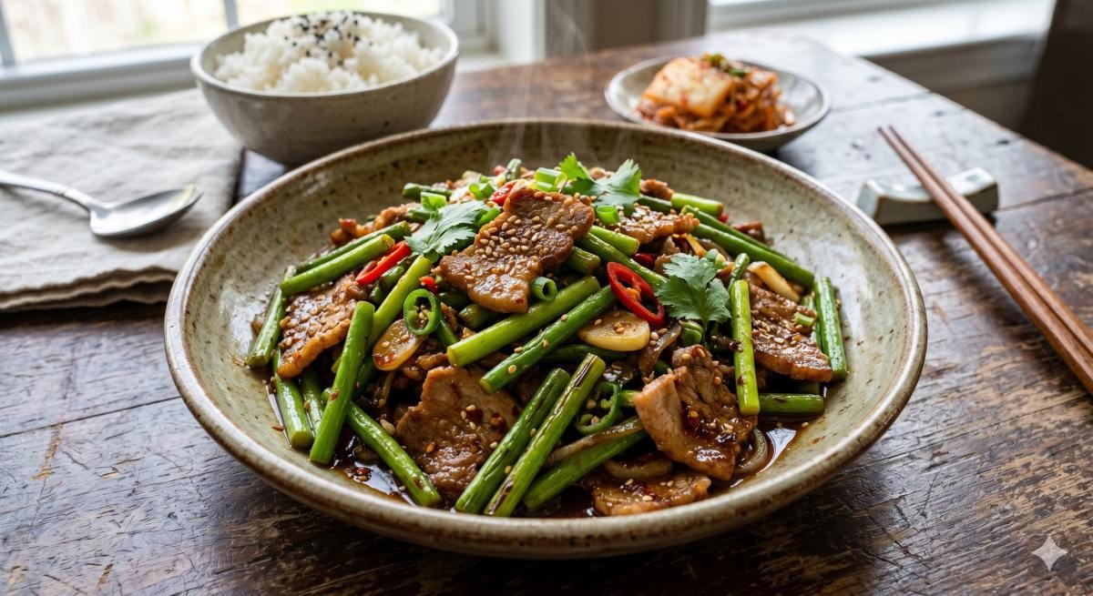 돼지고기 마늘쫑 볶음 (AI로 제작)