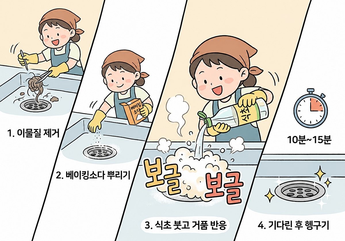[삽화] 식초와 베이킹소다를 사용하면 배수구 냄새를 줄이는 데 도움이 된다. AI 제작.