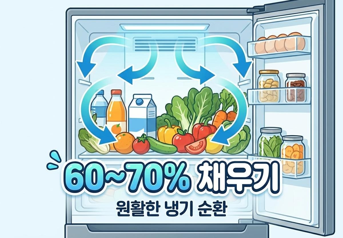 [삽화] 냉장실은 60~70% 정도만 채우는 것이 적절하다. AI 제작.