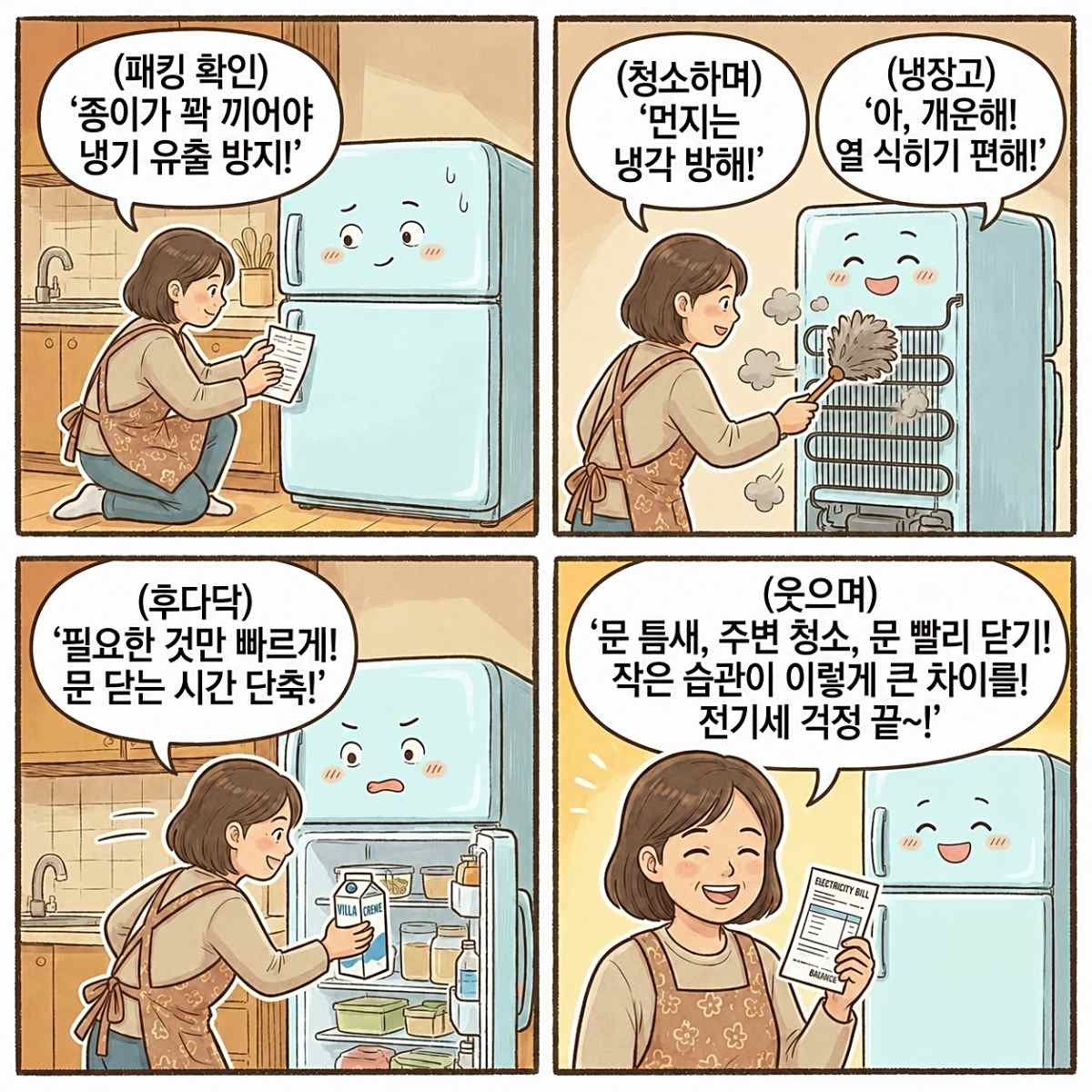 [만화] 냉장고 전기요금 절약. AI 제작.