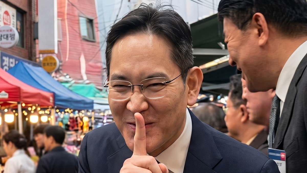 한국 최고 부자로 꼽히는 이재용 삼성전자 회장의 유명한 '쉿' 짤을 AI로 재구성한 이미지. 이재용 삼성전자 회장 역시 틈틈이 독서를 즐기는 것으로 알려졌다. / AI 생성 이미지