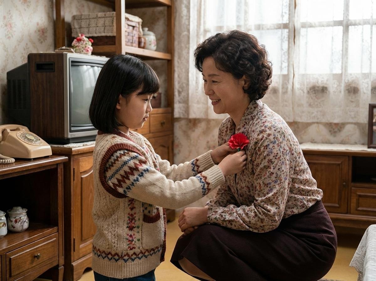 1980년대 가정집 풍경. 어린 딸이 고사리같은 손으로 젊은 한국인 엄마의 가슴에 직접 만든 카네이션을 달아주고 있다.   기사 내용 토대로 AI툴 활용해 제작한 자료사진.