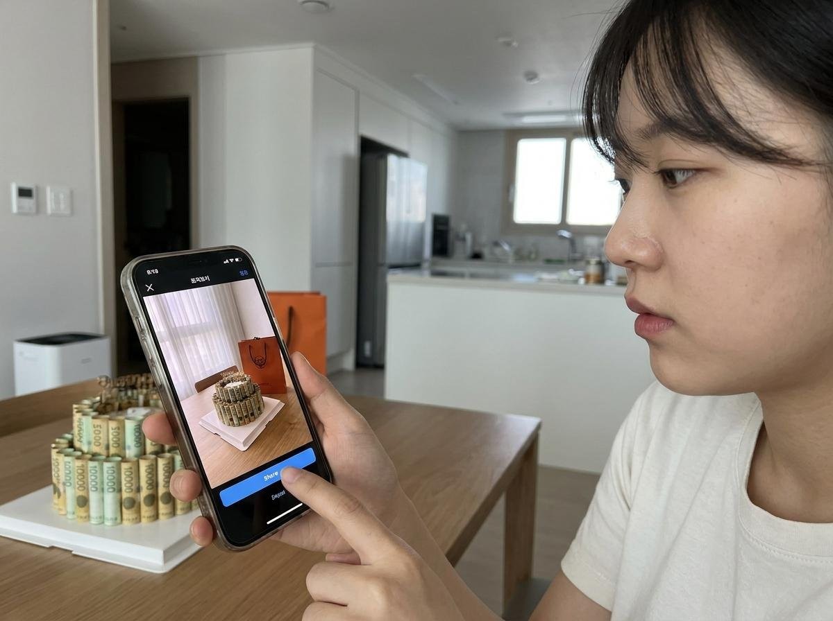 어버이날 선물로 준비한 '돈 케이크'와 명품 쇼핑백을 스마트폰으로 촬영하고 있는 모습. 기사 내용 토대로 AI툴 활용해 제작한 자료사진.