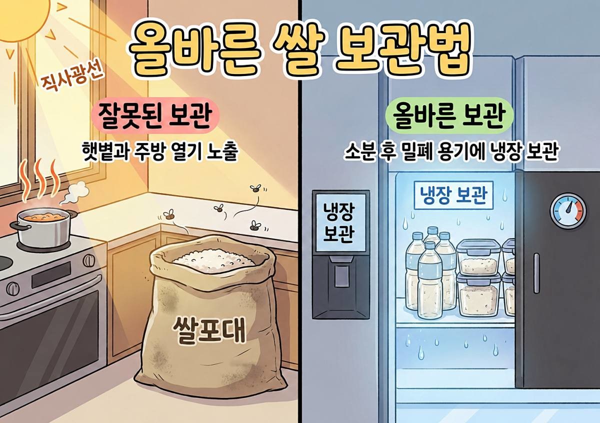 [삽화] 쌀은 냉장고 등 서늘한 곳에 보관해야 한다. AI 제작.