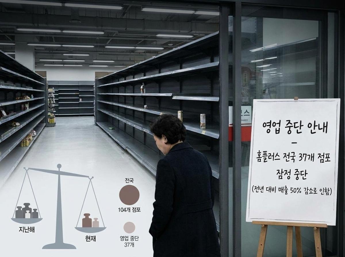 홈플러스, 전체 104개 중 37개 점포 영업 중단. 기사 내용 토대로 AI툴 활용해 제작한 자료사진.
