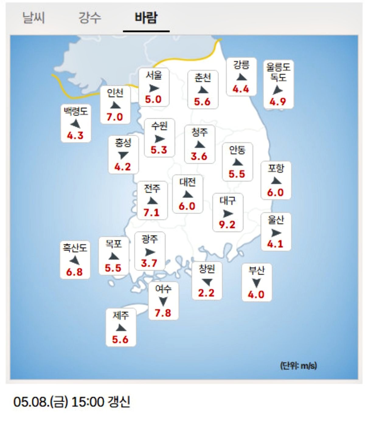 8일 오후 3시 기준 전국 각지의 풍속. / 기상청