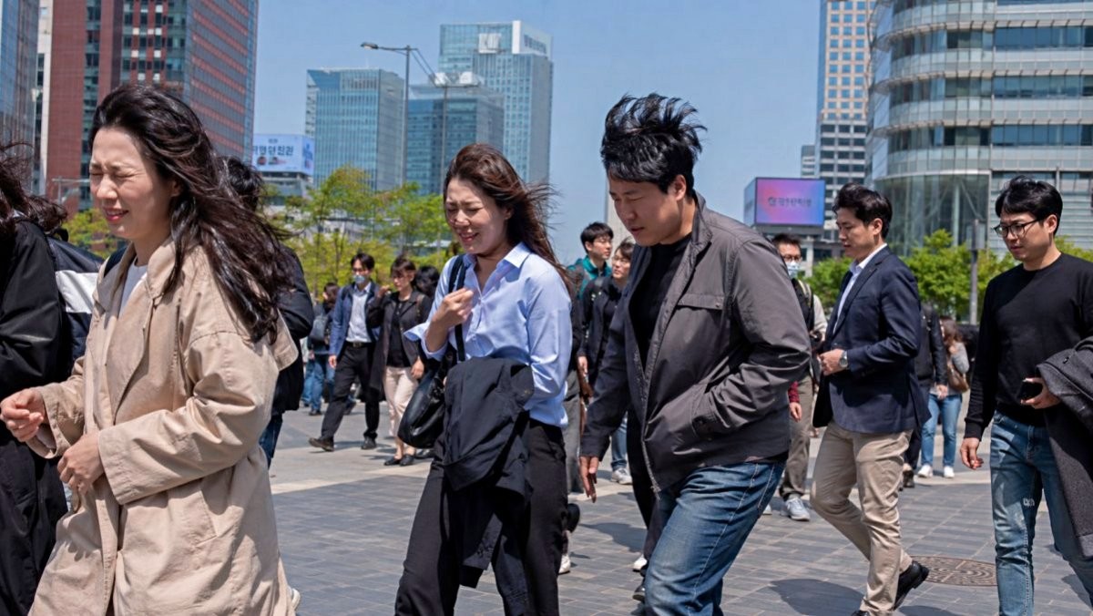 센 바람을 맞고 걸어가는 사람들. 기사 내용 토대로 AI툴 활용해 제작한 자료사진.