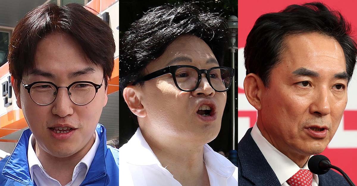 부산 북갑 국회의원 보궐선거 출마자인     하정우 더불어민주당 후보, 박민식 국민의힘 후보, 한동훈 무소속 후보(왼쪽부터). / 뉴스1