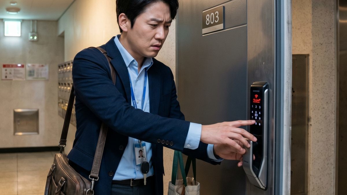 도어락에 문제가 생겨 곤혹을 느끼고 있는 사람. 기사 이해를 돕기 위해 AI가 생성한 자료사진. (실제와 차이가 있을 수 있음을 알립니다.)