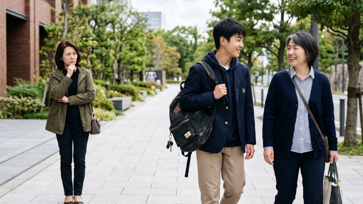 자식과 부모의 모습을 바라보며 생각에 잠긴 또 다른 부모. 기사 이해를 돕기 위해 AI툴로 생성한 자료사진.