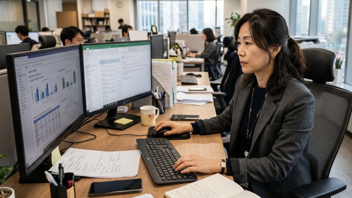 직장에서 열심히 일을 하고 있는 4050세대의 한 사람. 기사 이해를 돕기 위해 AI툴로 생성한 자료사진.