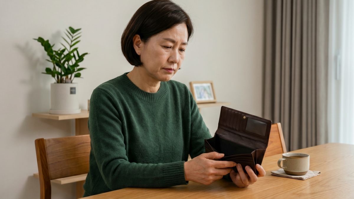 텅 빈 지갑을 바라보고 있는 4050세대의 한 사람. 기사 이해를 돕기 위해 AI툴로 생성한 자료사진.