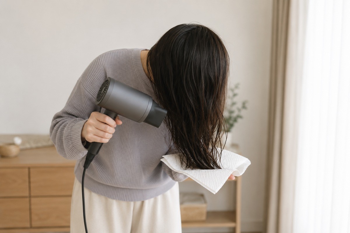 머리를 말리는 모습 / 기사 내용을 바탕으로 제작한 AI 이미지