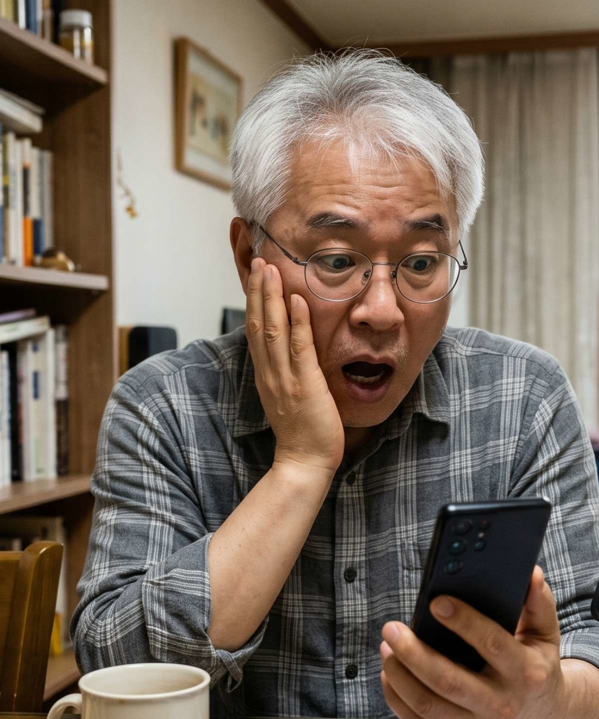 갑자기 초기화된 스마트폰에 놀란 중년. 기사 내용 토대로 AI툴 활용해 제작한 자료사진.