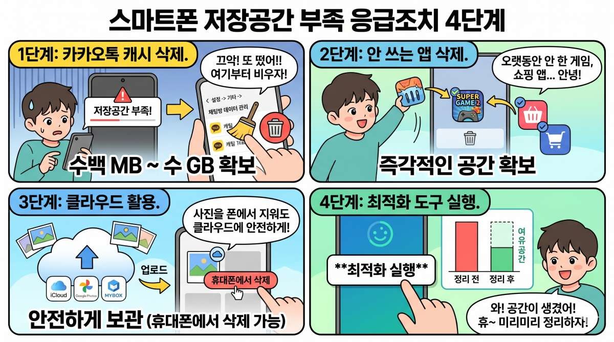 스마트폰 저장공간 부족 알림 뜨면 해야 할 응급조치들. 기사 내용 토대로 AI툴 활용해 제작한 자료사진.