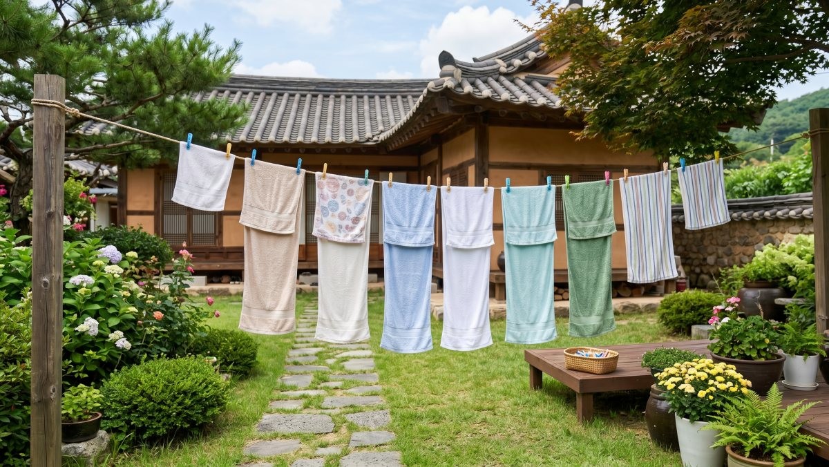 한쪽 끝을 짧게 하고 다른 쪽을 길게 늘여뜨려 집게로 고정한 수건이 빨랫줄에 걸려있다. 기사의 이해를 돕기 위해 AI툴로 생성한 자료사진.