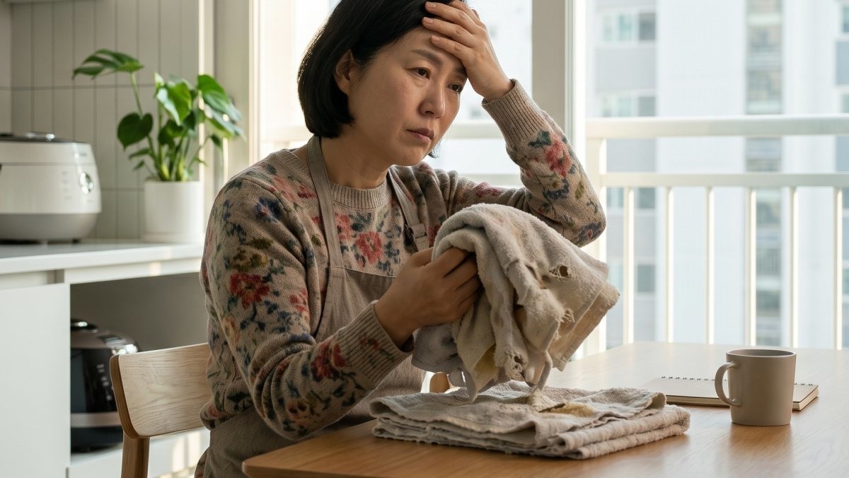 수명을 다한 수건을 어떻게 처리할지 몰라 고민하는 주부. 기사의 이해를 돕기 위해 AI툴로 생성한 자료사진.