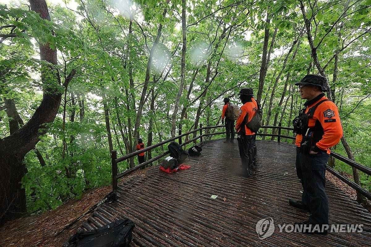 실종된 초등학생이 숨진 채 발견된 지난 12일 경북 청송군 주왕산국립공원에서 소방 구조대가 가파른 지형과 수풀로 뒤덮인 수습 현장 쪽을 바라보고 있다/ 연합뉴스