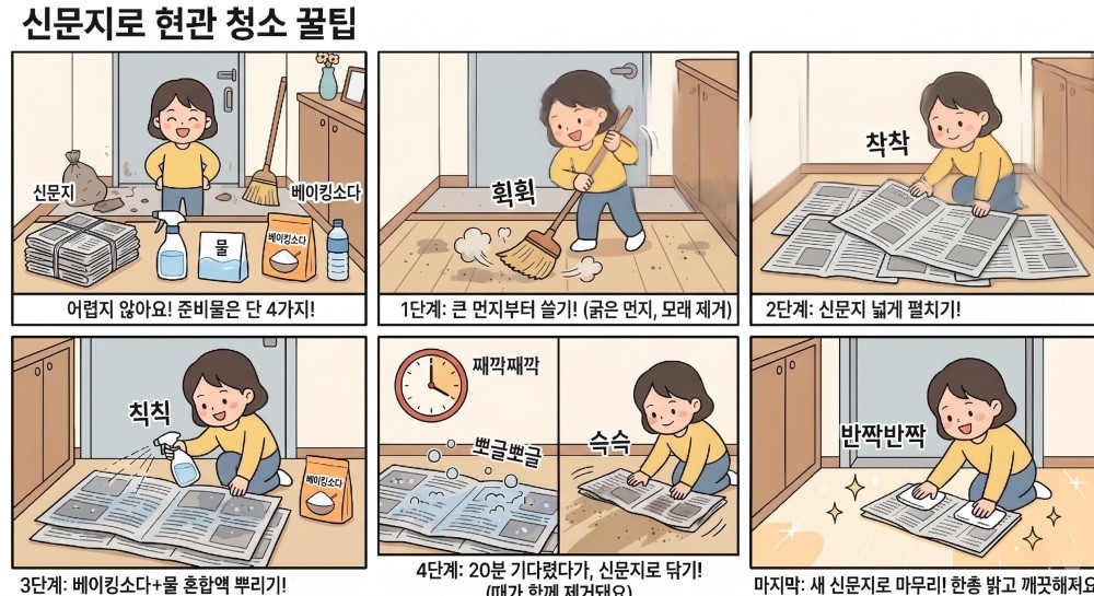 [만화] 신문지 활용 현관 청소법. 신문지를 현관문에 여러 장 깔고 물과 베이킹소다를 희석한 물을 뿌려준다. 이후 신문지를 밀면서 닦아내면 때가 함께 제거된다. 만화 이미지는 AI로 생성됨.