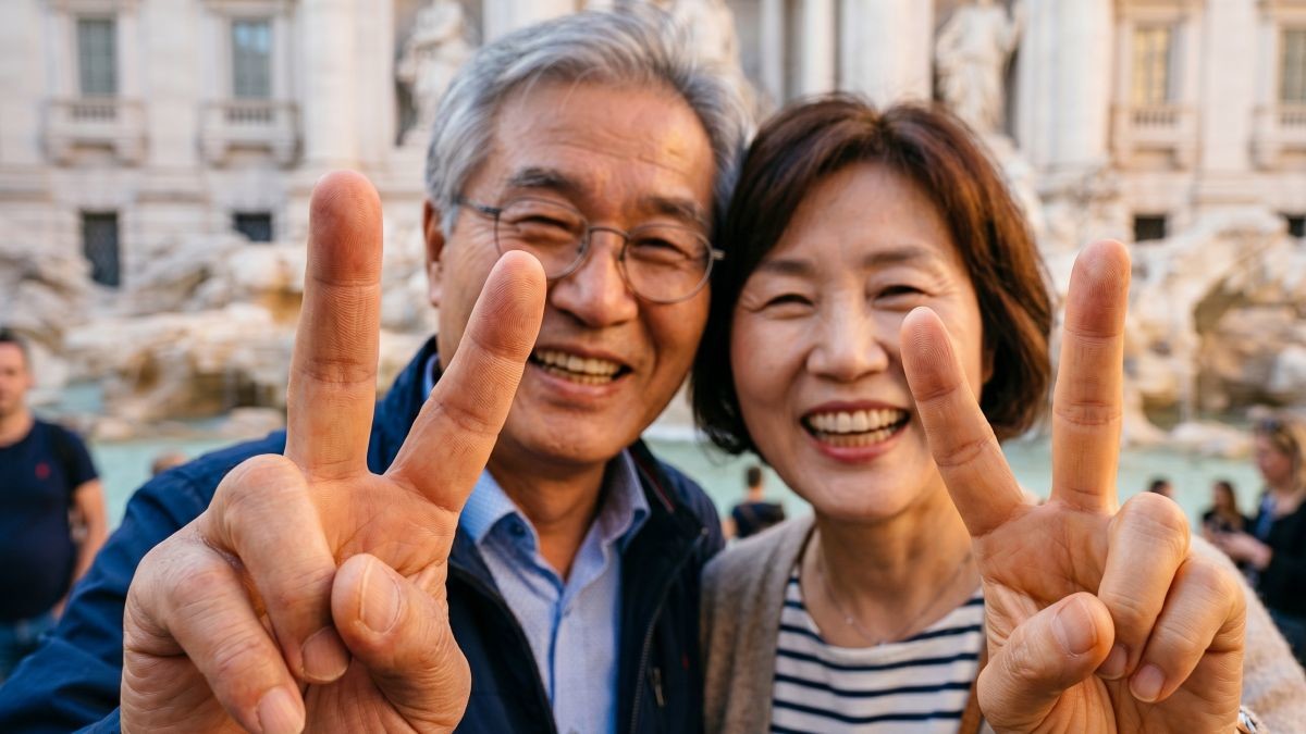 전문가가 경고한 카메라와 근접한 거리에서의 브이 포즈. 기사 내용 토대로 AI툴 활용해 제작한 자료사진.