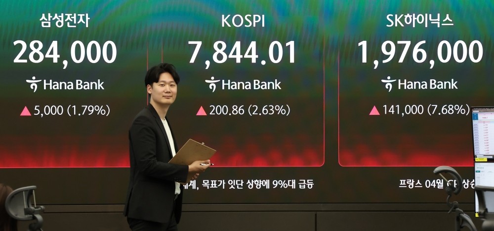 13일 오후 서울 중구 하나은행 본점 딜링룸 전광판에 코스피 지수, 삼성전자, SK하이닉스 종가가 표시되고 있다. / 뉴스1