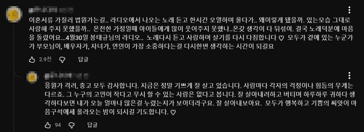 우효의 ‘민들레’ 영상 댓글 창에 올라온 사연. 한 누리꾼은 이혼서류를 받으러 가던 길 우연히 노래를 듣고 마음을 돌리게 됐다고 털어놨다. / 유튜브 댓글 캡처