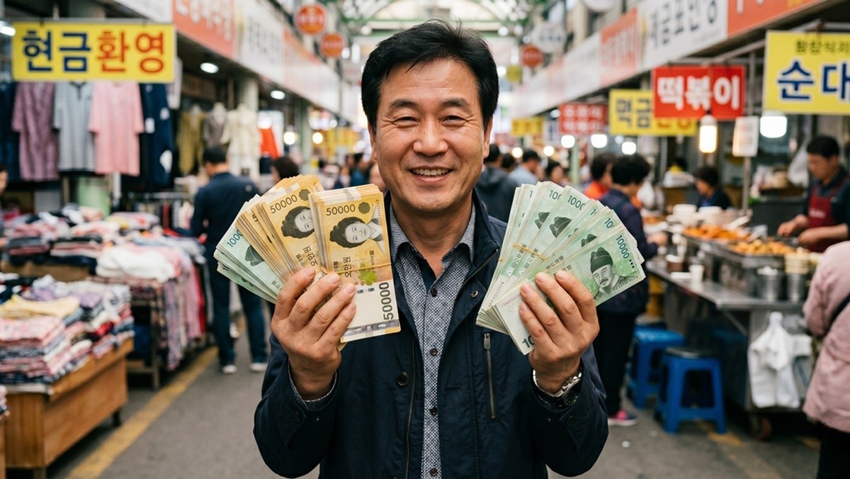 현금 다발을 들고 있는 한국 중년 남성 AI 생성 이미지 / 위키트리