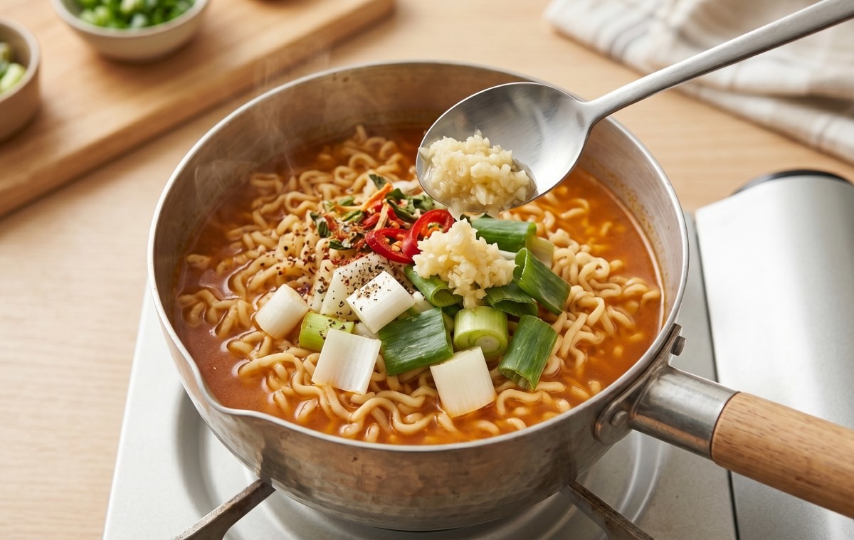 라면에 다진 마늘과 대파를 넣어도 맛있다. 기사 이해를 돕기 위해 AI로 제작한 자료 이미지.