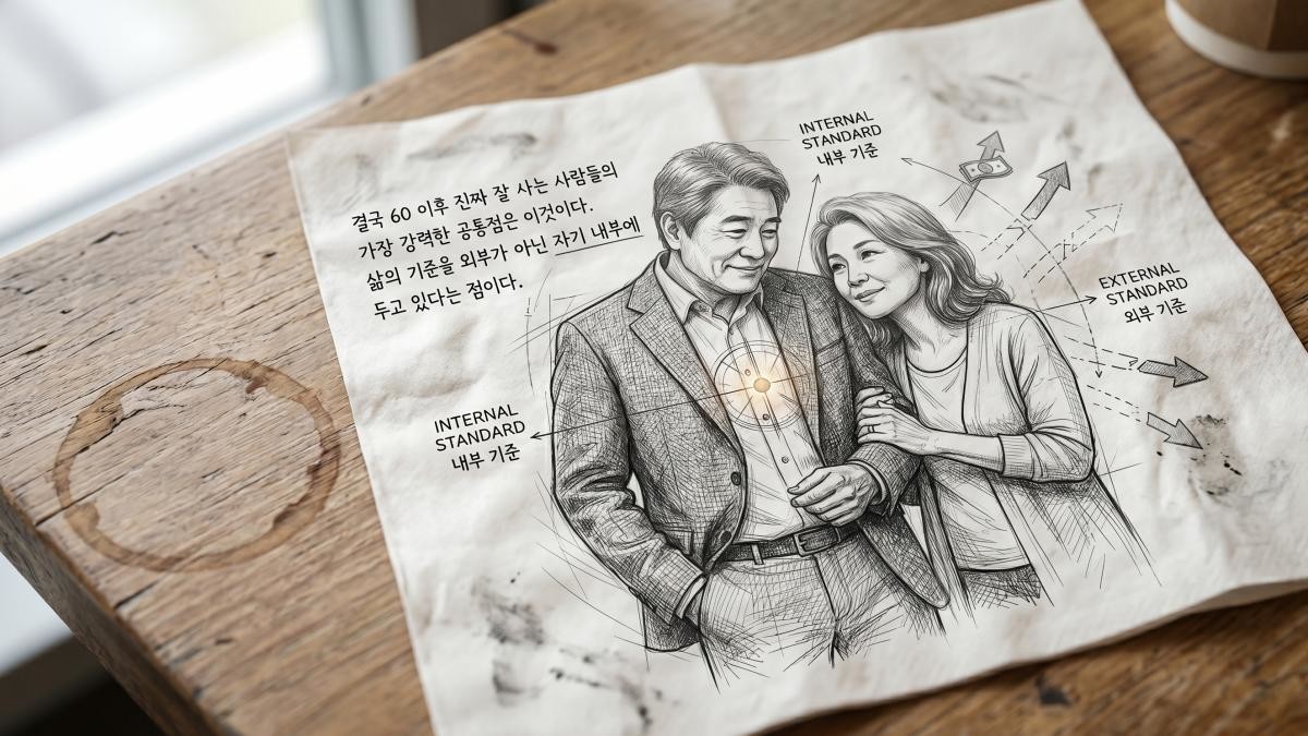 60 이후 진짜 잘 사는 사람들의 가장 강력한 공통점은 삶의 기준을 외부가 아닌 자기 내부에 두고 있다는 점이다. 기사 내용 토대로 AI툴 활용해 제작한 자료사진.