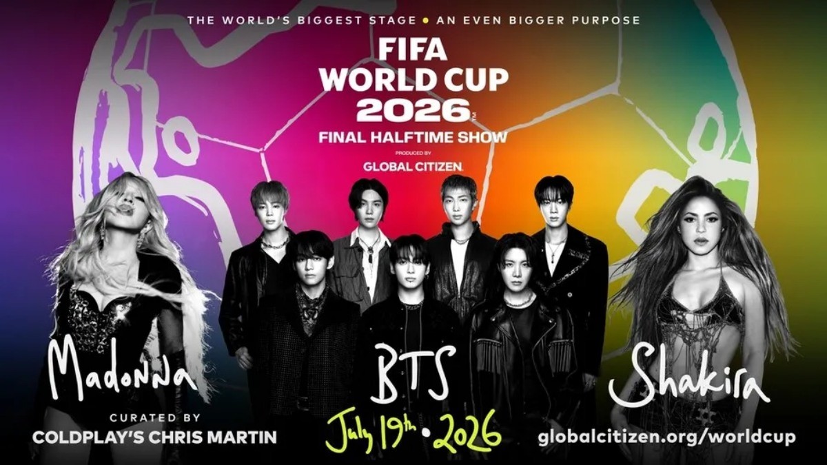 FIFA와 글로벌 시티즌은 14일(현지 시각) 마돈나, 샤키라, 방탄소년단이 오는 7월 19일 미국 뉴저지주 메트라이프 스타디움(대회 기간 공식 명칭 '뉴욕 뉴저지 스타디움')에서 열리는 2026 FIFA 북중미 월드컵 결승전 하프타임 쇼 공동 헤드라이너로 출연한다고 공식 발표했다. / 글로벌 시티즌