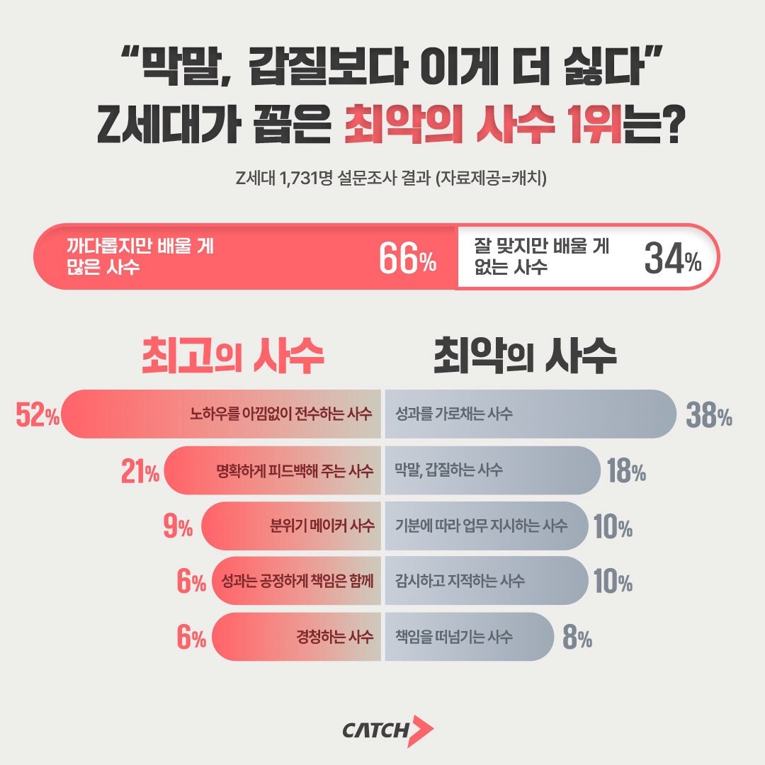 진학사 캐치는 Z세대 구직자 1731명을 대상으로 '원하는 사수'에 대한 설문조사를 실시한 결과를 15일 발표했다. / 진학사 캐치