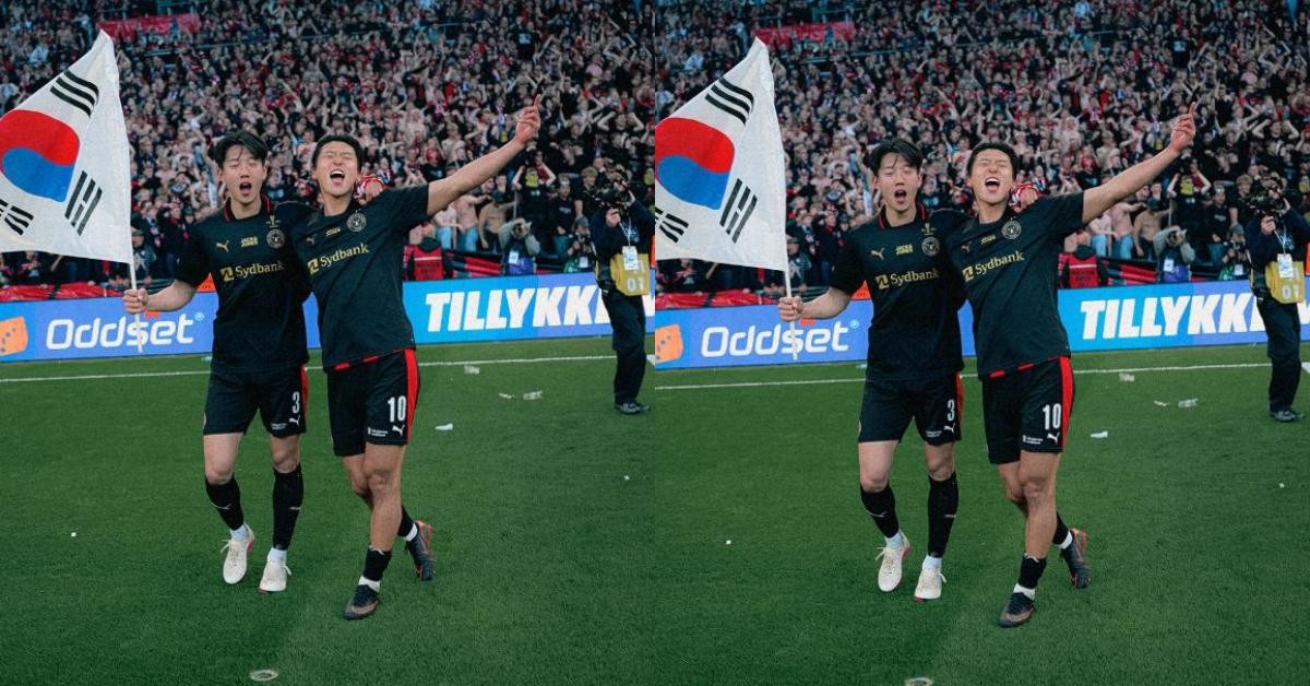 미트윌란이 15일(한국 시각) 덴마크 코펜하겐의 파르켄 스타디움에서 FC 코펜하겐을 1-0으로 제압하고 2025-2026시즌 DBU컵 우승을 확정했다. 사진은 이한범과 조규성이 우승 후 환호하는 모습. / 미트윌란 인스타그램