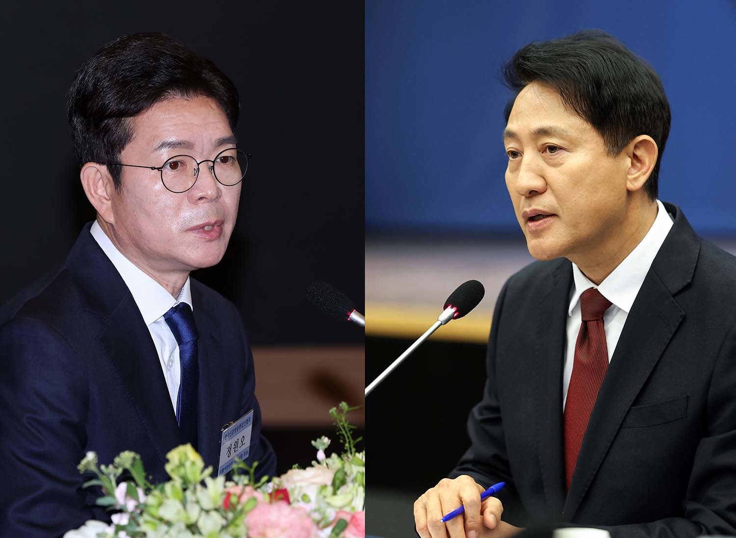 정원오 더불어민주당 서울시장 후보(왼쪽)와 오세훈 국민의힘 서울시장 후보가 14일 서울 중구 대한상공회의소 국제회의장에서 열린 한국신문방송편집인협회 초청 포럼에 참석해 발언하고 있다. / 뉴스1