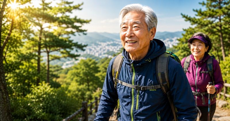 등산복을 입은 한국 노부부가 산길을 걸으며 환하게 웃고 있는 모습. / AI가 생성한 자료사진