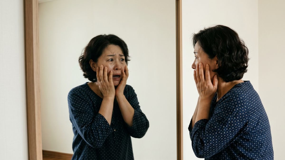 거울을 보고 화들짝 놀라는 사람. AI툴로 생성한 자료사진.