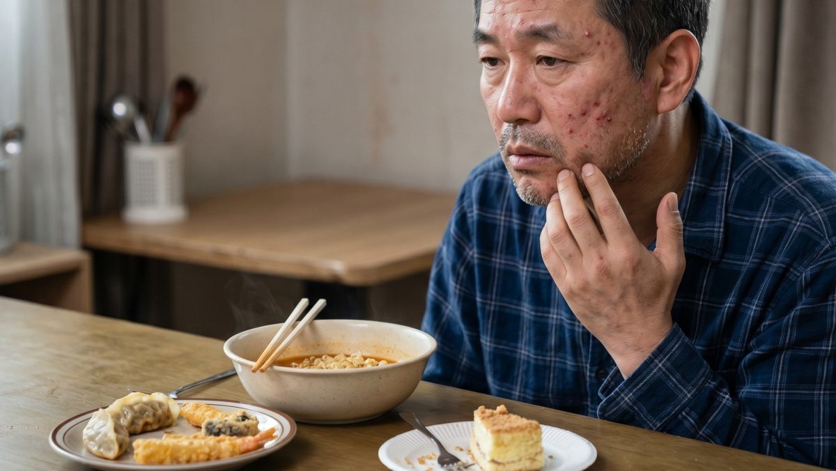 라면, 튀김, 케이크 등을 과도하게 먹고 여드름과 트러블이 난 사람. AI툴로 생성한 자료사진.