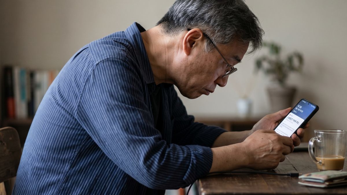 고개를 깊이 숙이고 스마트폰 화면을 응시하는 사람. AI툴로 생성한 자료사진.