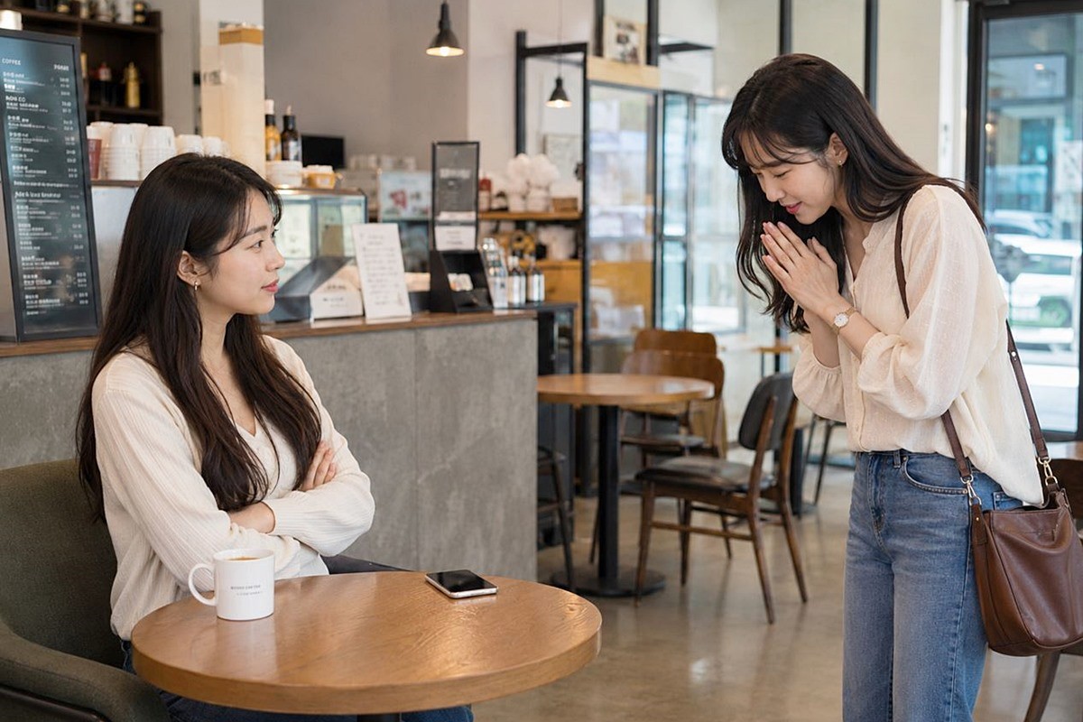 약속 시간에 늦어 미안해하는 모습. 기사 이해를 돕기 위해 AI를 활용해 제작한 자료 사진