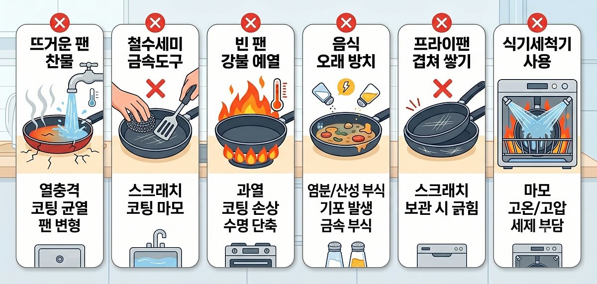 [삽화] 프라이팬 수명 단축하는 흔한 실수들. AI 제작.