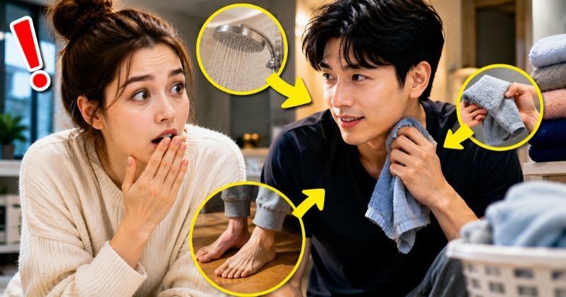 외국인 아내가 한국인 남편의 생활 습관에 놀라는 모습을 담은 이미지. / AI가 생성한 자료사진