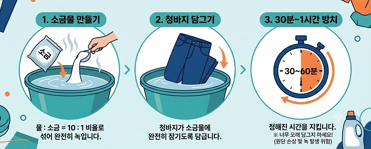 [삽화] 새 청바지는 세탁 전 소금물에 담가둔다. AI 제작.