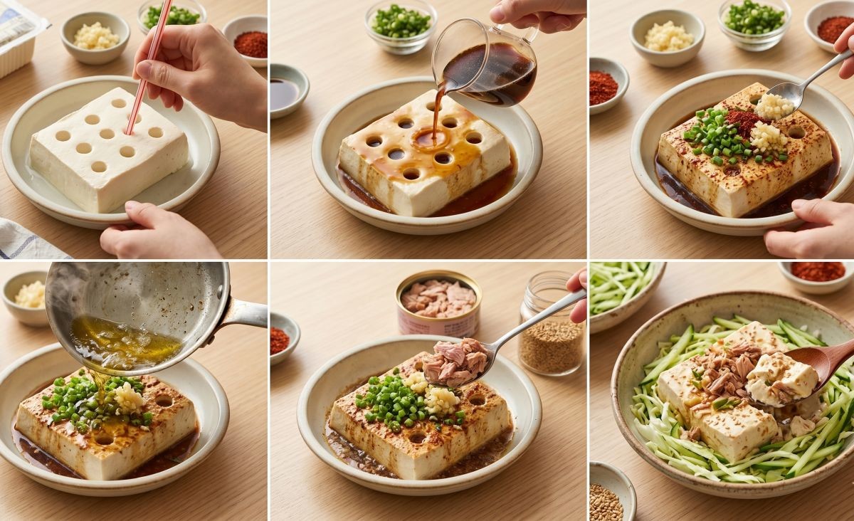 빨대 구멍 연두부 참치 비빔, 레시피 순서. 기사 내용 토대로 AI툴 활용해 제작한 자료사진.