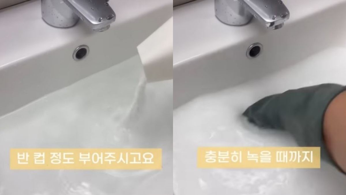 과탄산소다를 물에 풀고 충분히 녹을 때까지 저어주는 모습. / 유튜브 '팁끌모아살림'