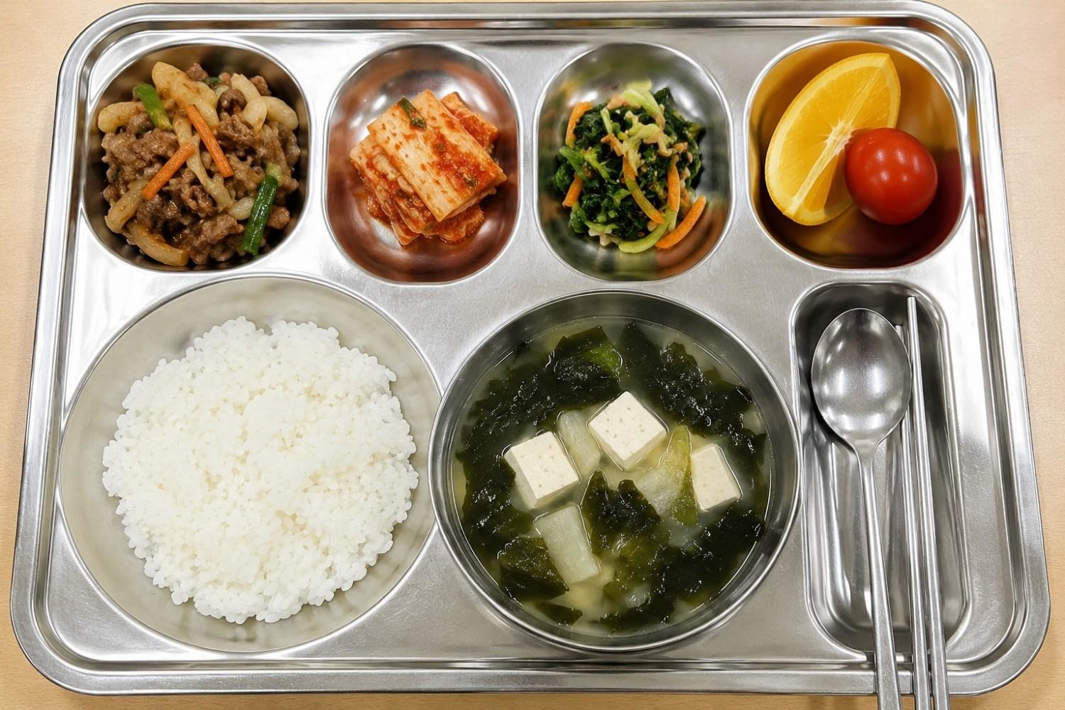 균형 잡힌 밥과 국, 김치, 나물, 과일로 구성된 한국 학교 급식 모습. 금속 식판과 수저 문화가 특징적이다. / AI가 생성한 자료사진
