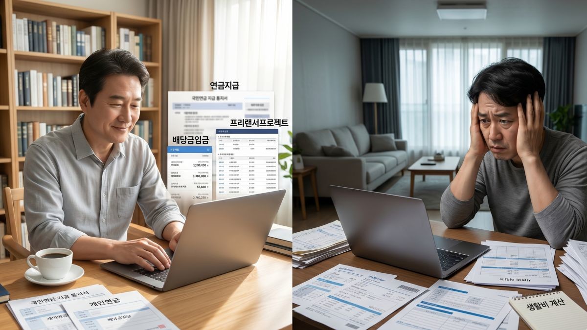 수입원 구조를 잘 만들어 놓은 중년과 그렇지 않은 중년. 기사 내용 토대로 AI툴 활용해 제작한 자료사진.