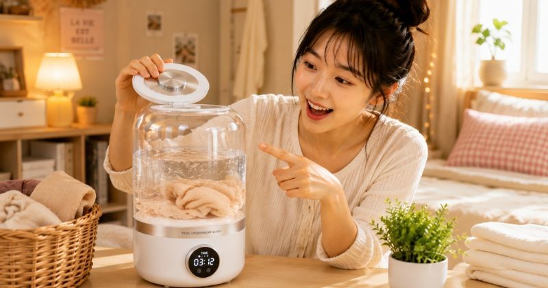 미니 세탁기를 사용하는 모습. 작은 빨래를 빠르게 해결할 수 있어 한국 자취생들과 외국인 유학생들 사이에서 관심을 끌고 있다. / AI가 생성한 자료사진